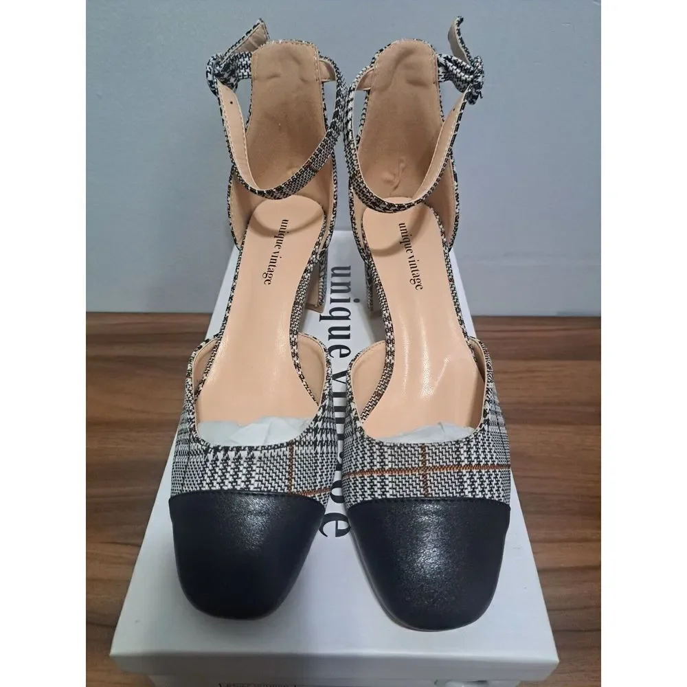 Unique Vintage Shoes Womens Size 8 Black Gray Houndstooth Plaid‎ Black Toe Cap